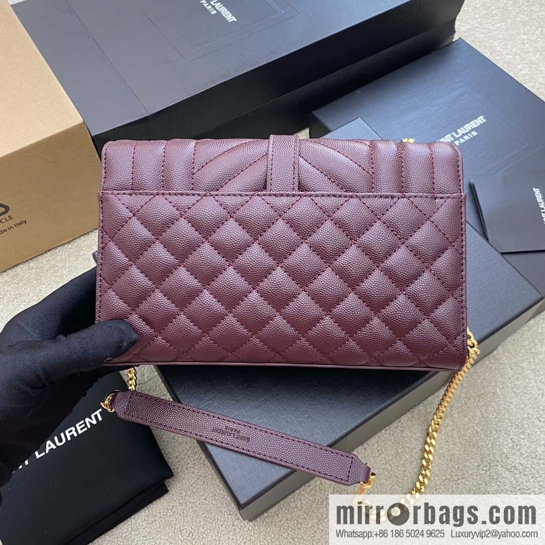 YSL new π¬πππππππ# small 21CM original grain embossed quilted pattern leather envelope bag wine model: 600915 red ball pattern/gold buckle