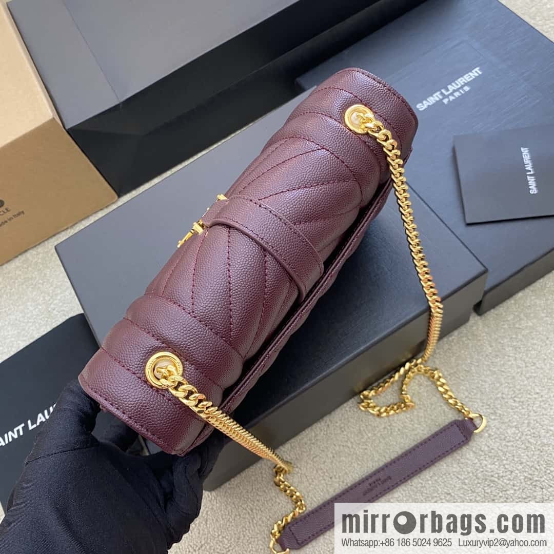 YSL new π¬πππππππ# small 21CM original grain embossed quilted pattern leather envelope bag wine model: 600915 red ball pattern/gold buckle