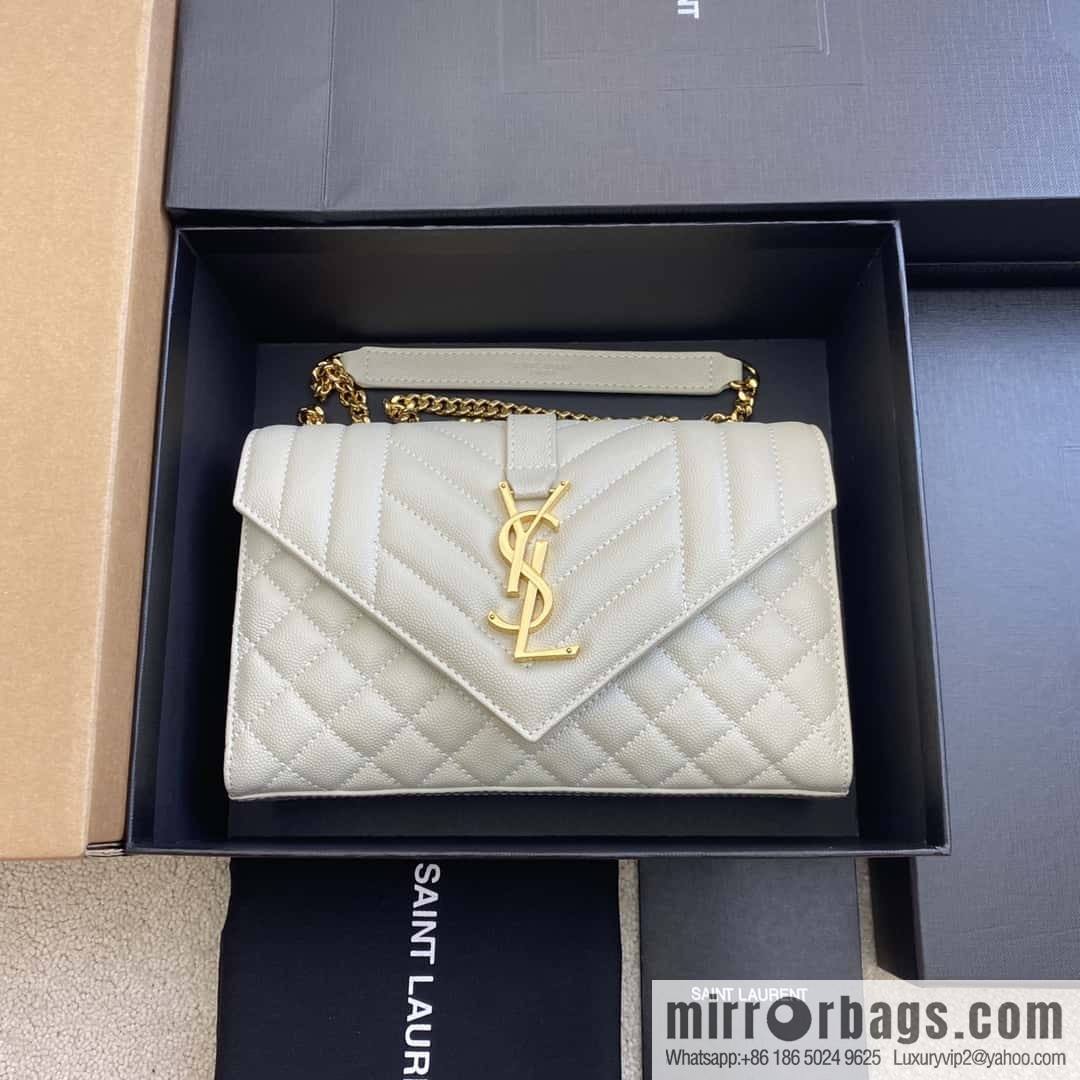 YSL new 𝑬𝒏𝒗𝒆𝒍𝒐𝒑𝒆# small 21CM original grain embossed quilted pattern leather envelope milk model: 600915 white ball pattern/gold buckle