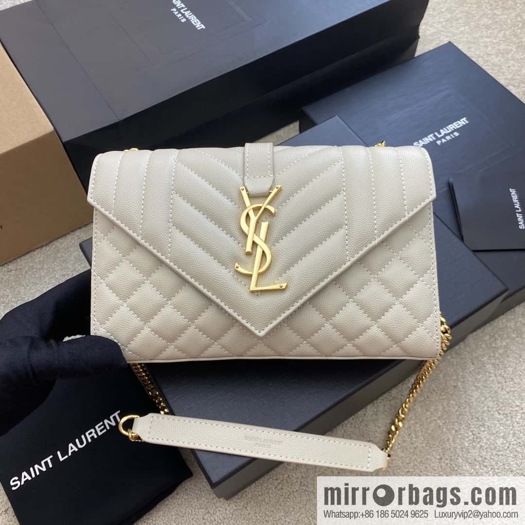 YSL new 𝑬𝒏𝒗𝒆𝒍𝒐𝒑𝒆# small 21CM original grain embossed quilted pattern leather envelope milk model: 600915 white ball pattern/gold buckle