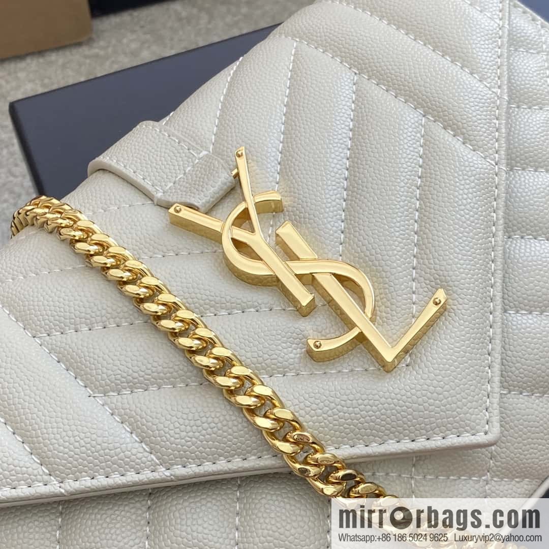 YSL new 𝑬𝒏𝒗𝒆𝒍𝒐𝒑𝒆# small 21CM original grain embossed quilted pattern leather envelope milk model: 600915 white ball pattern/gold buckle