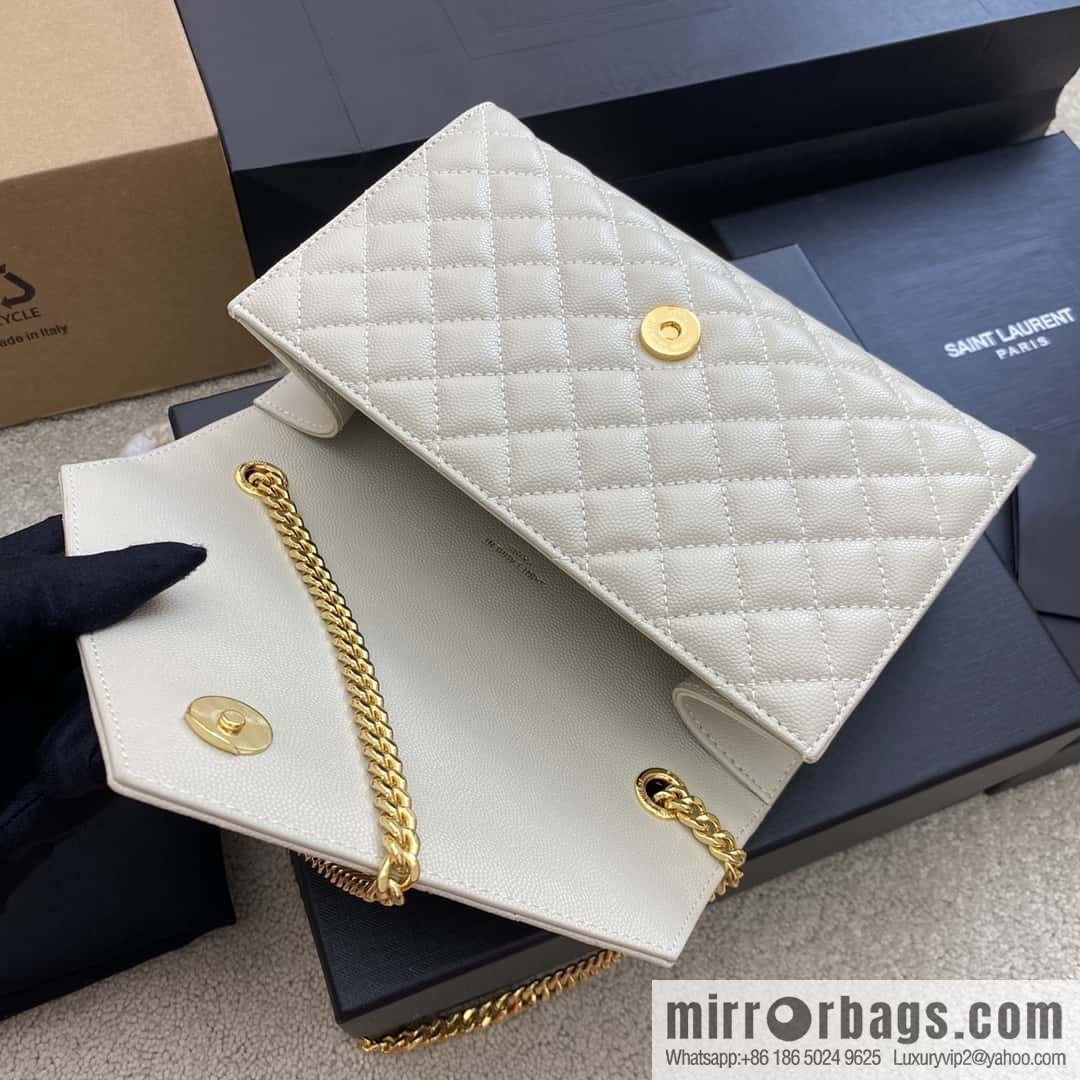 YSL new 𝑬𝒏𝒗𝒆𝒍𝒐𝒑𝒆# small 21CM original grain embossed quilted pattern leather envelope milk model: 600915 white ball pattern/gold buckle