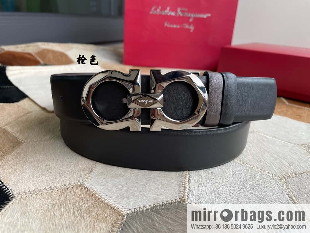 Salvatore Ferragamo Men's 3.5cm New Faceted Metal Clip Buckle Double Sided Belt