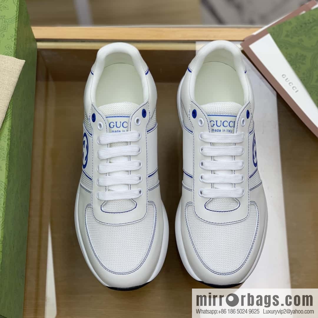 GUCCI white cowhide with white mesh, men's sports running shoes