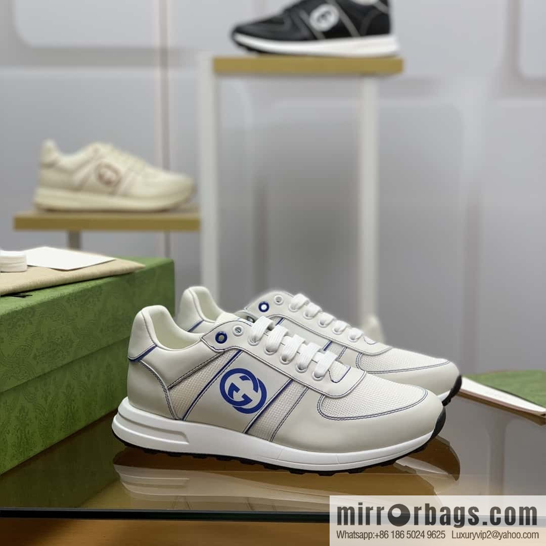 GUCCI white cowhide with white mesh, men's sports running shoes