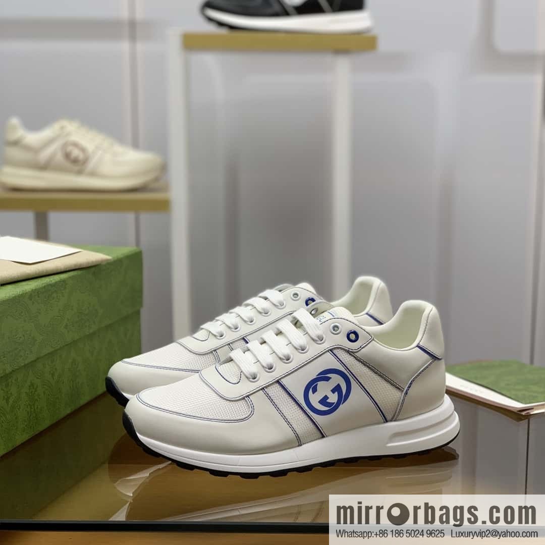 GUCCI white cowhide with white mesh, men's sports running shoes
