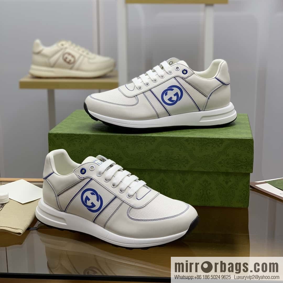GUCCI white cowhide with white mesh, men's sports running shoes