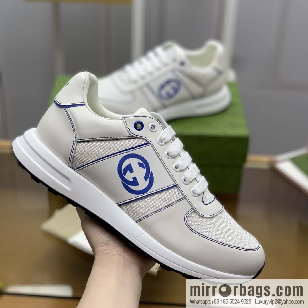 GUCCI white cowhide with white mesh, men's sports running shoes