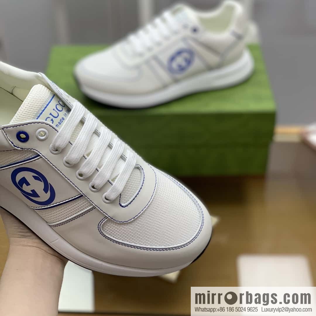GUCCI white cowhide with white mesh, men's sports running shoes