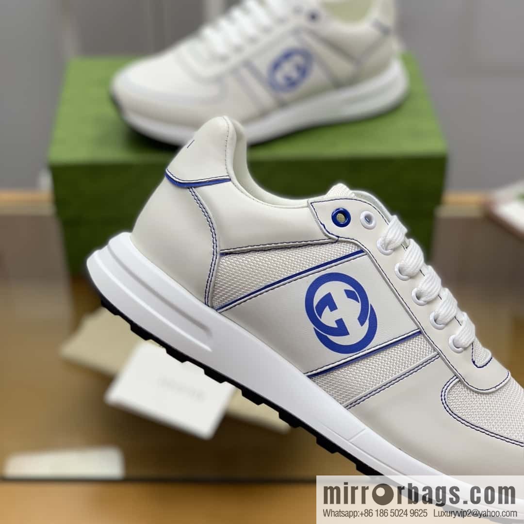GUCCI white cowhide with white mesh, men's sports running shoes