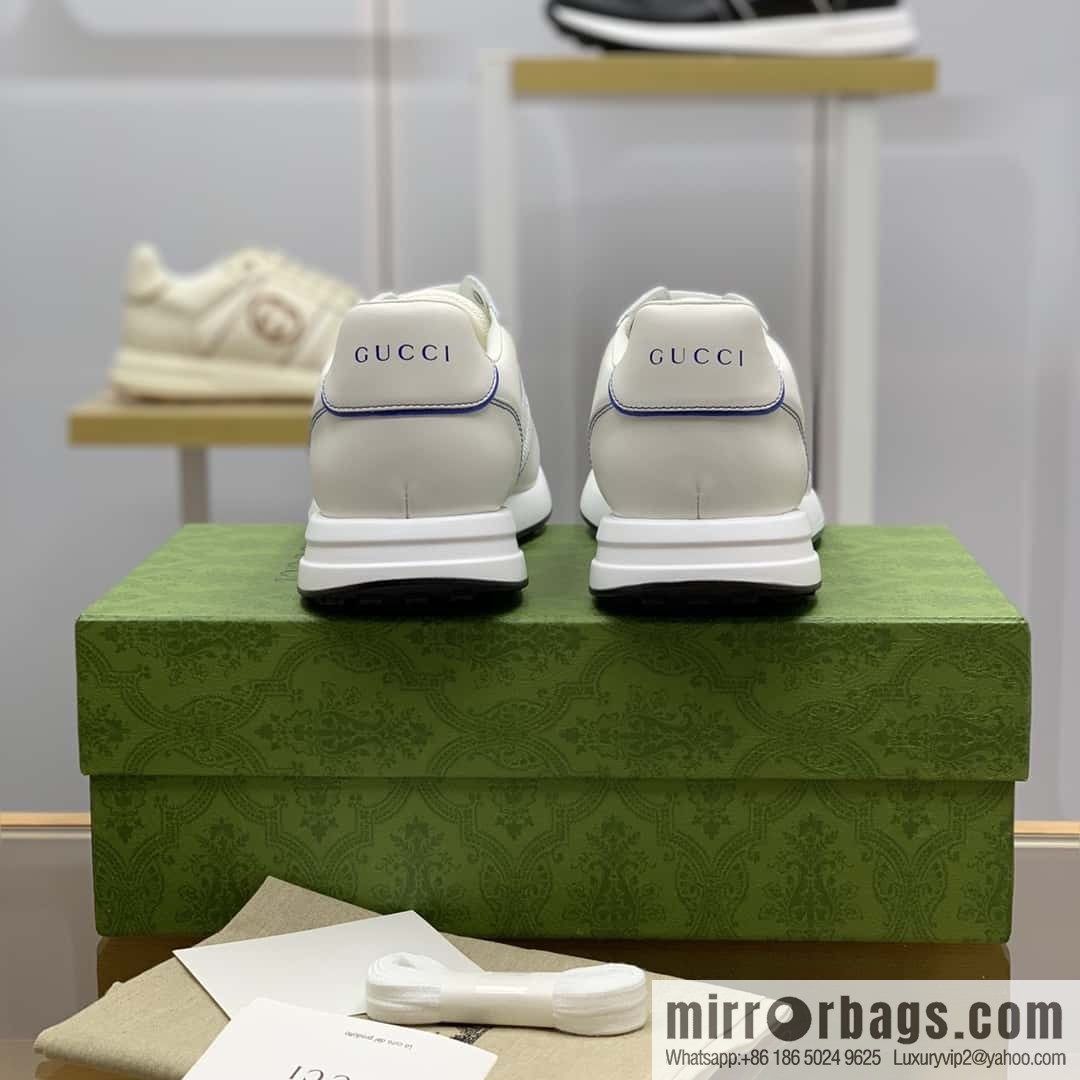 GUCCI white cowhide with white mesh, men's sports running shoes