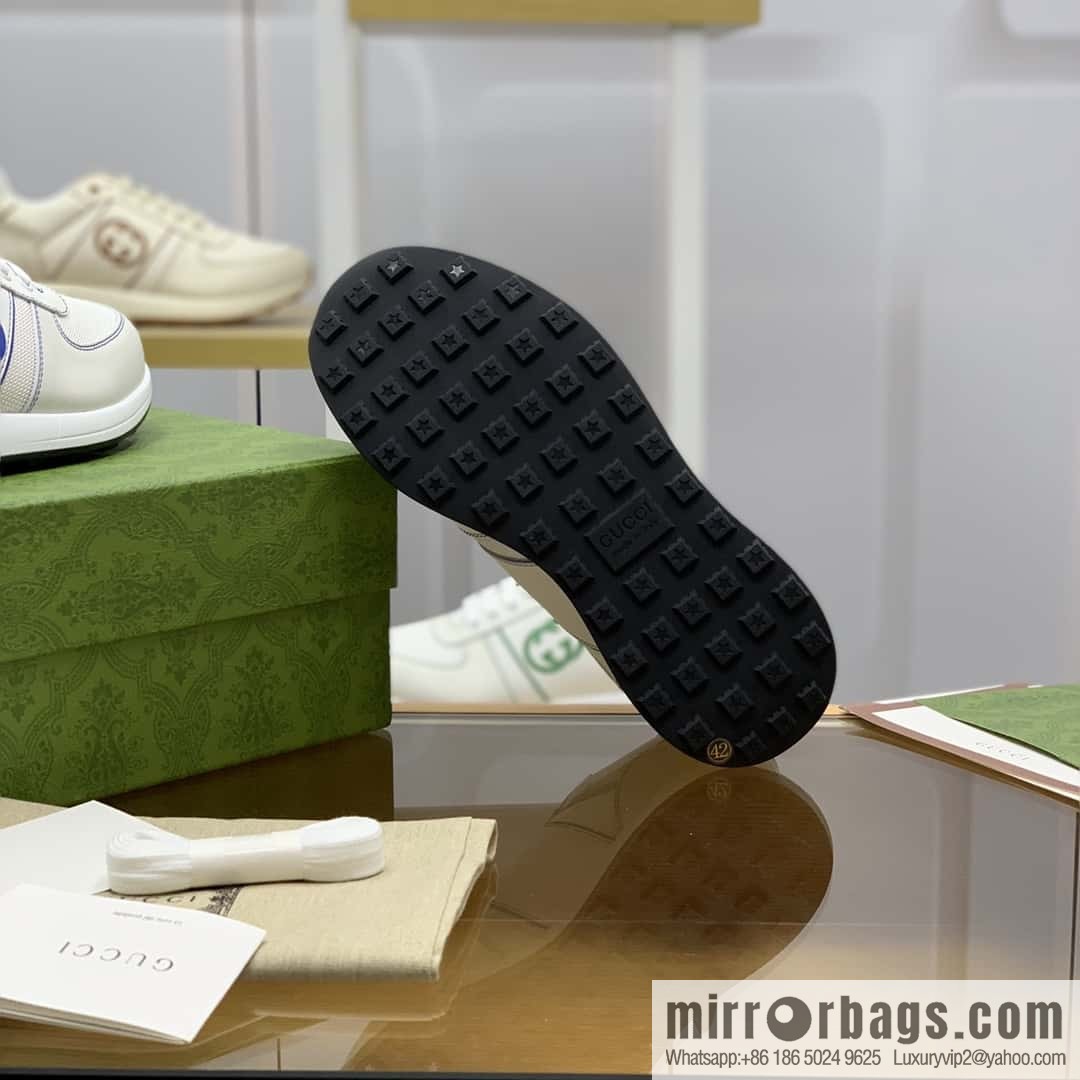 GUCCI white cowhide with white mesh, men's sports running shoes