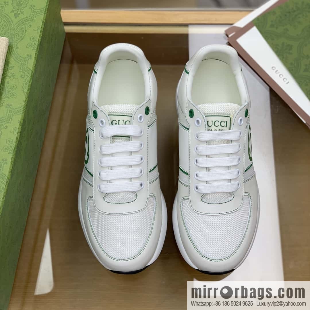 GUCCI white cowhide with white mesh, men's sports running shoes