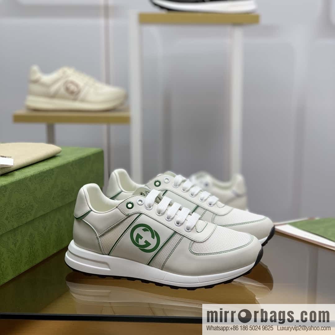 GUCCI white cowhide with white mesh, men's sports running shoes