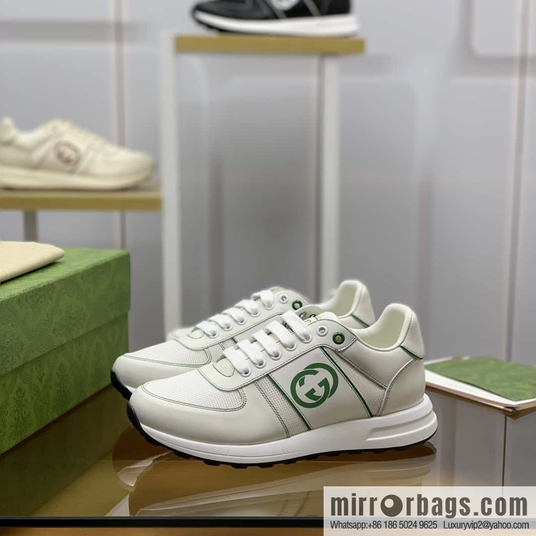 GUCCI white cowhide with white mesh, men's sports running shoes