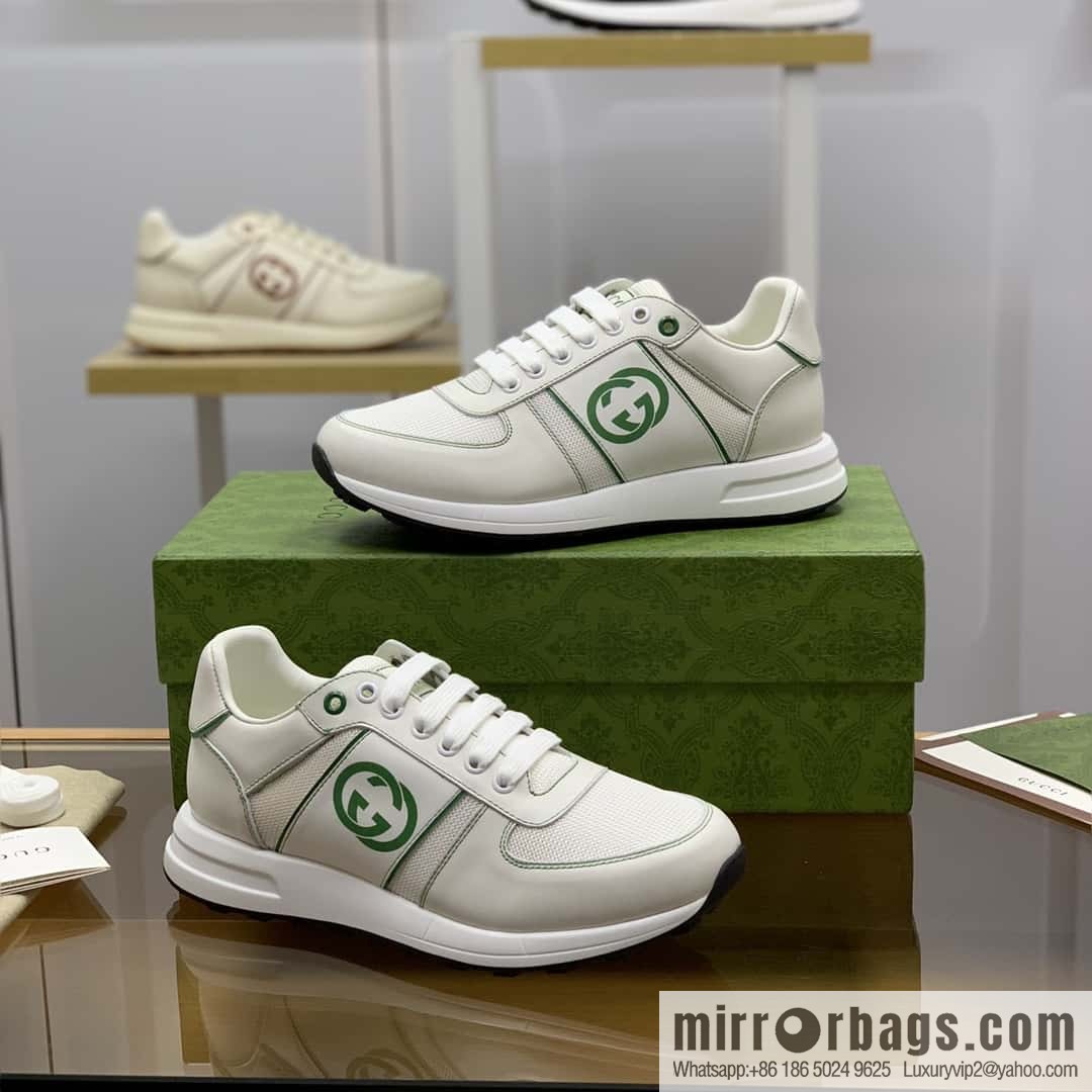 GUCCI white cowhide with white mesh, men's sports running shoes