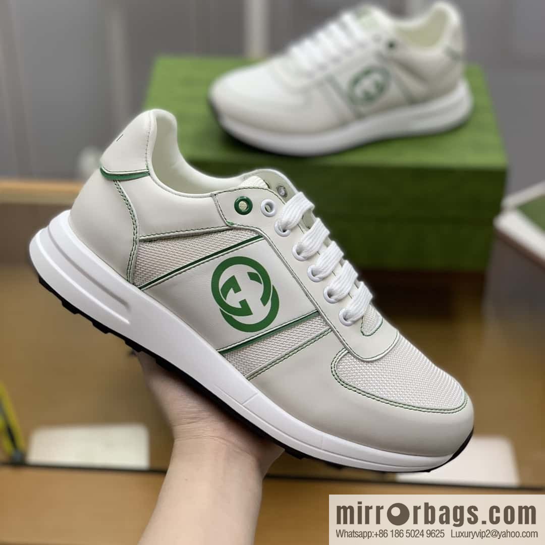 GUCCI white cowhide with white mesh, men's sports running shoes