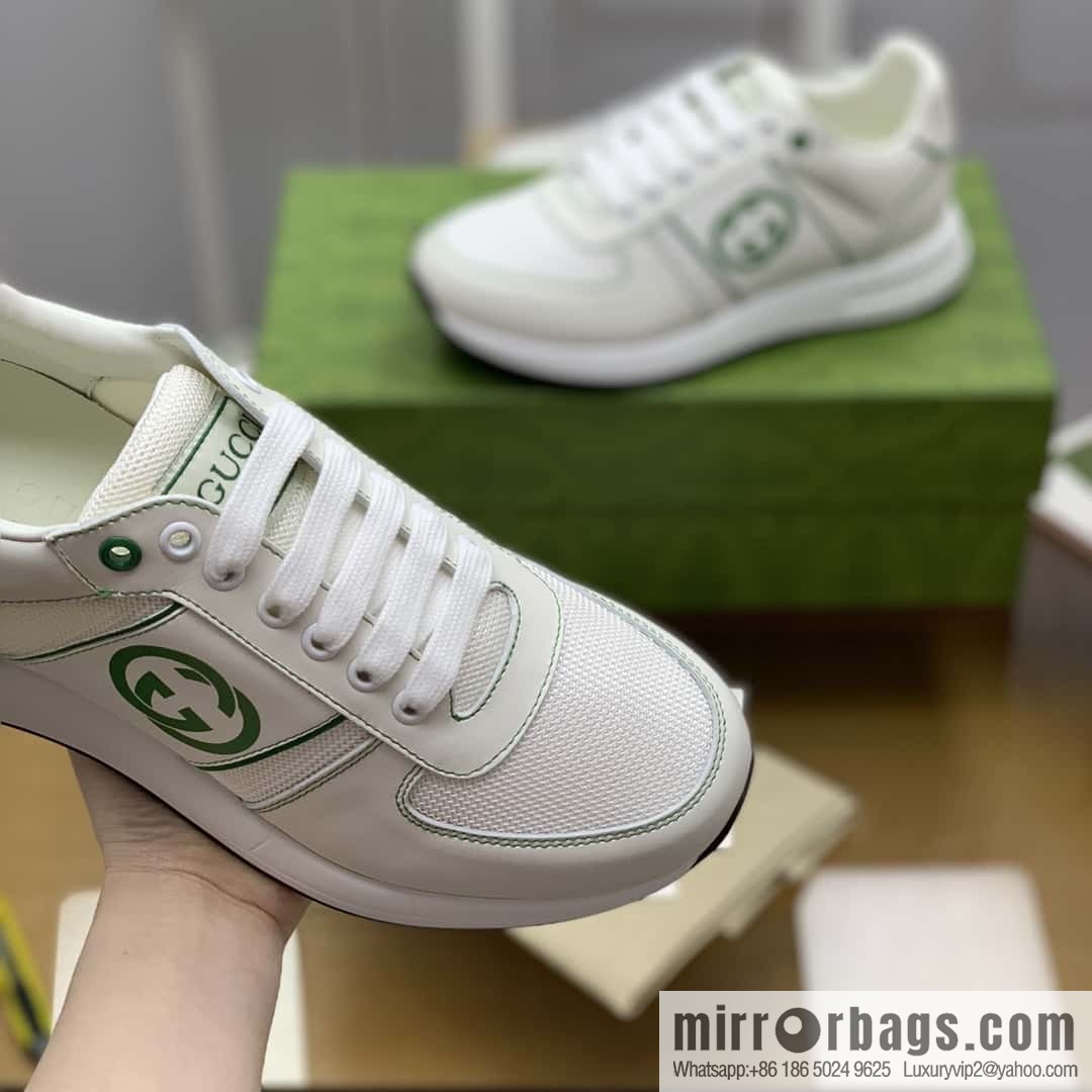 GUCCI white cowhide with white mesh, men's sports running shoes