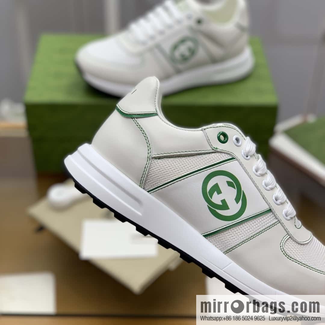 GUCCI white cowhide with white mesh, men's sports running shoes