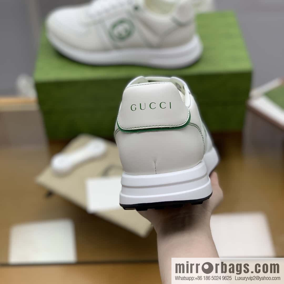 GUCCI white cowhide with white mesh, men's sports running shoes