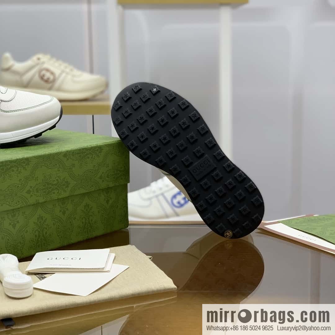 GUCCI white cowhide with white mesh, men's sports running shoes