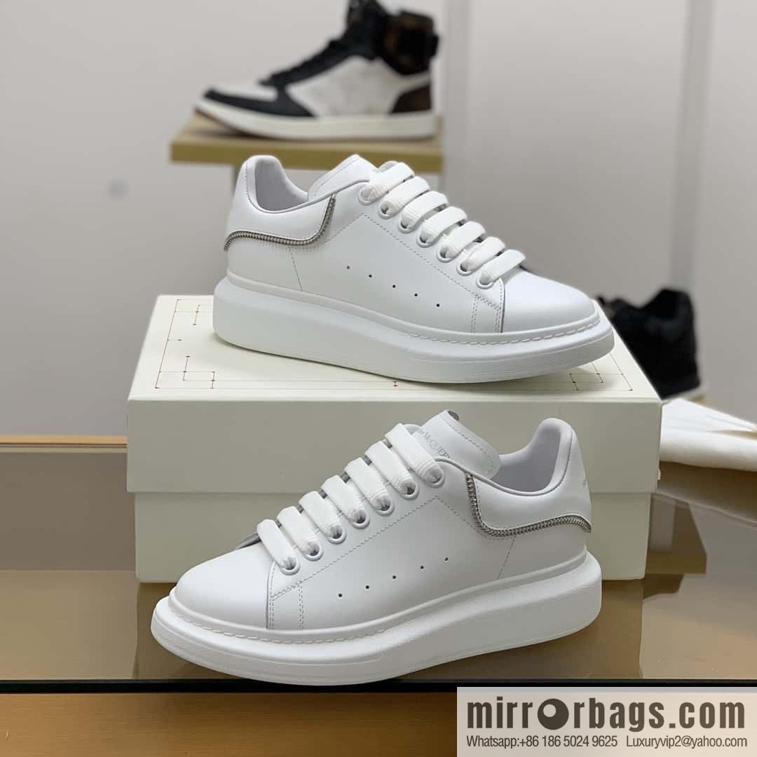 Alexander McQueen All-White Zipper, White Calfskin Round Head Sneakers