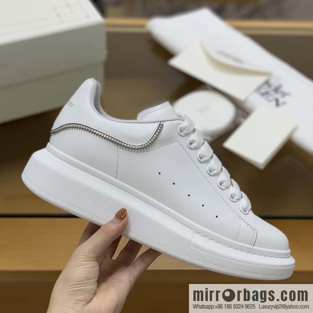 Alexander McQueen All-White Zipper, White Calfskin Round Head Sneakers