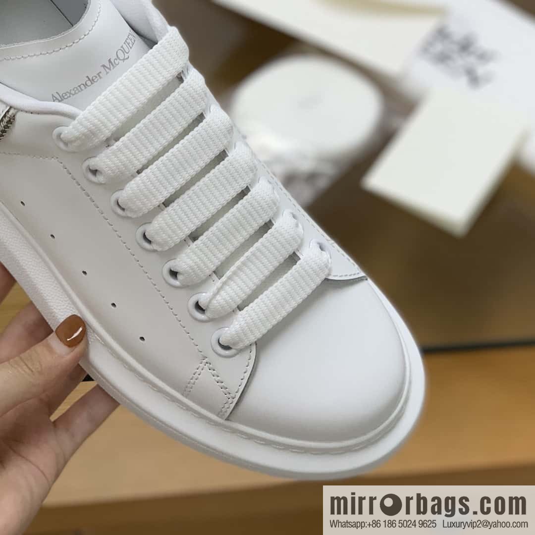 Alexander McQueen All-White Zipper, White Calfskin Round Head Sneakers