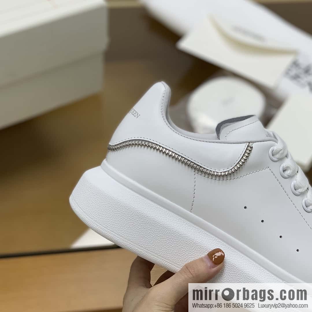 Alexander McQueen All-White Zipper, White Calfskin Round Head Sneakers