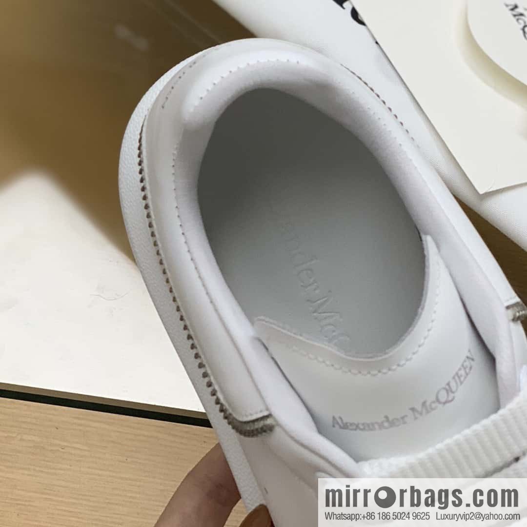 Alexander McQueen All-White Zipper, White Calfskin Round Head Sneakers