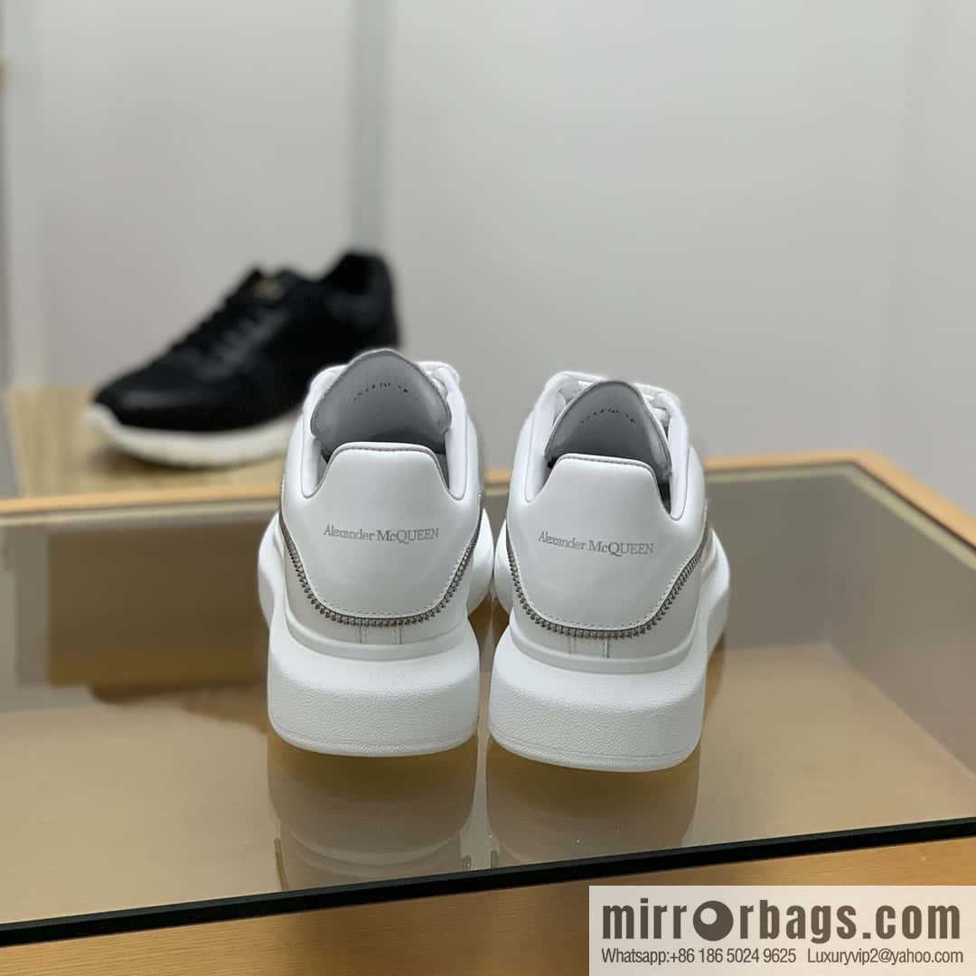Alexander McQueen All-White Zipper, White Calfskin Round Head Sneakers