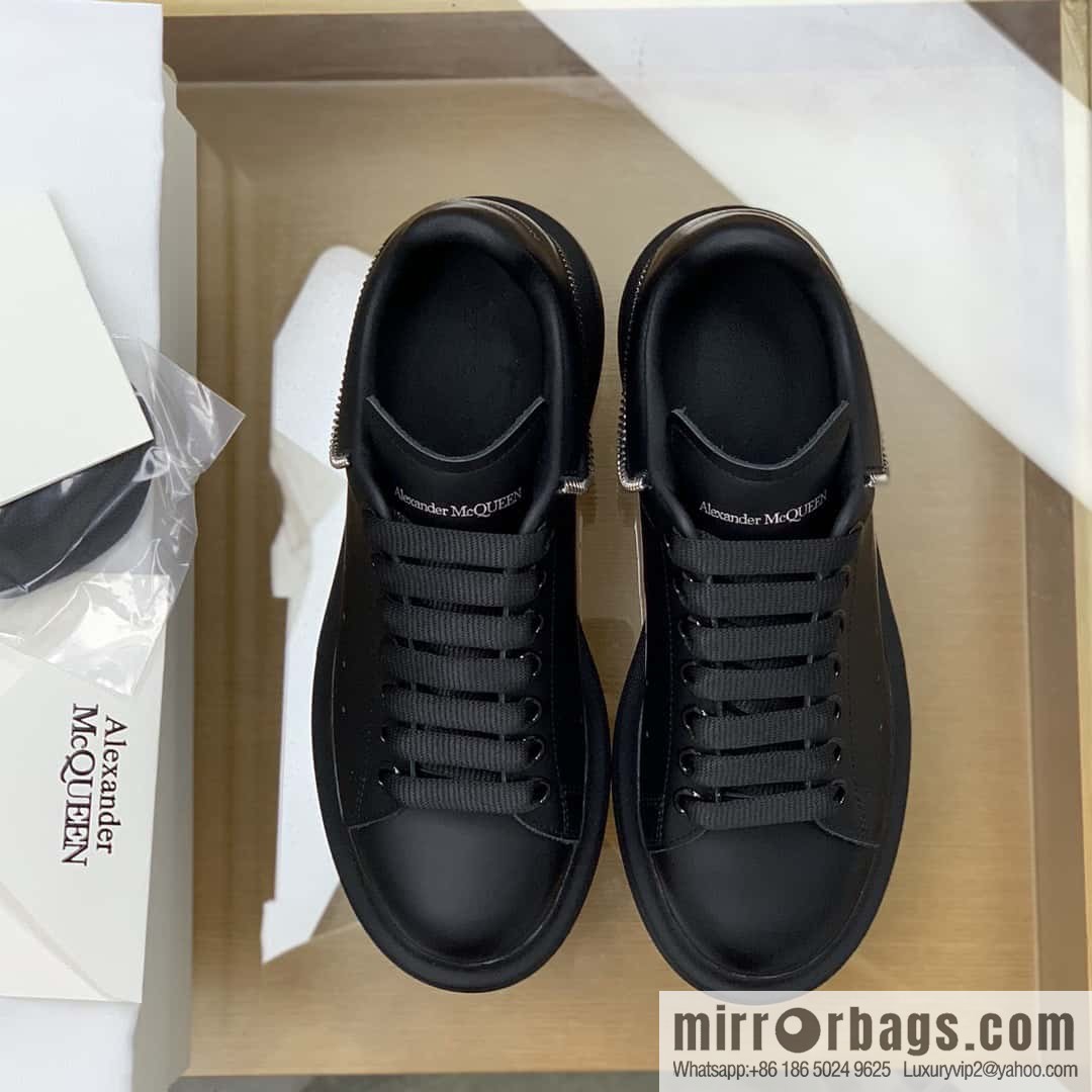 Alexander McQueen All Black Zipper, Black Calfskin Round Head Sneakers