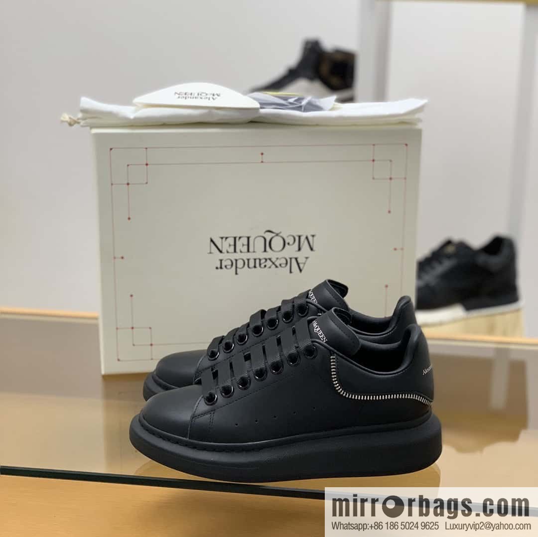 Alexander McQueen All Black Zipper, Black Calfskin Round Head Sneakers