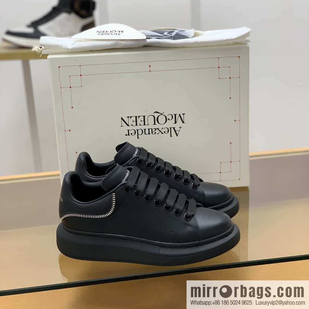 Alexander McQueen All Black Zipper, Black Calfskin Round Head Sneakers