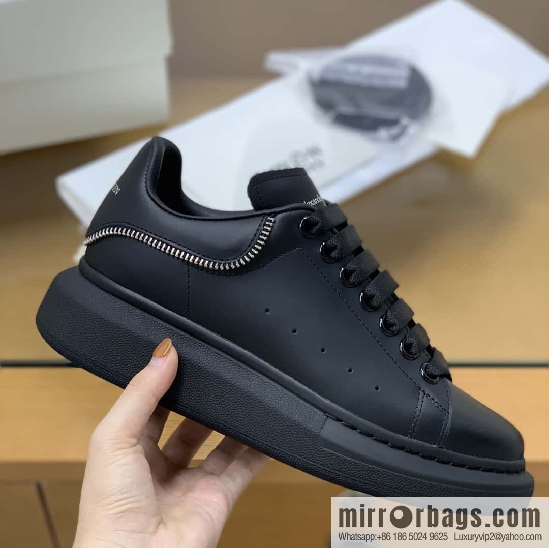 Alexander McQueen All Black Zipper, Black Calfskin Round Head Sneakers