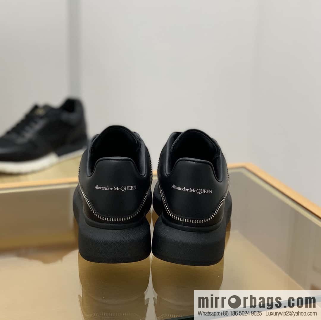 Alexander McQueen All Black Zipper, Black Calfskin Round Head Sneakers