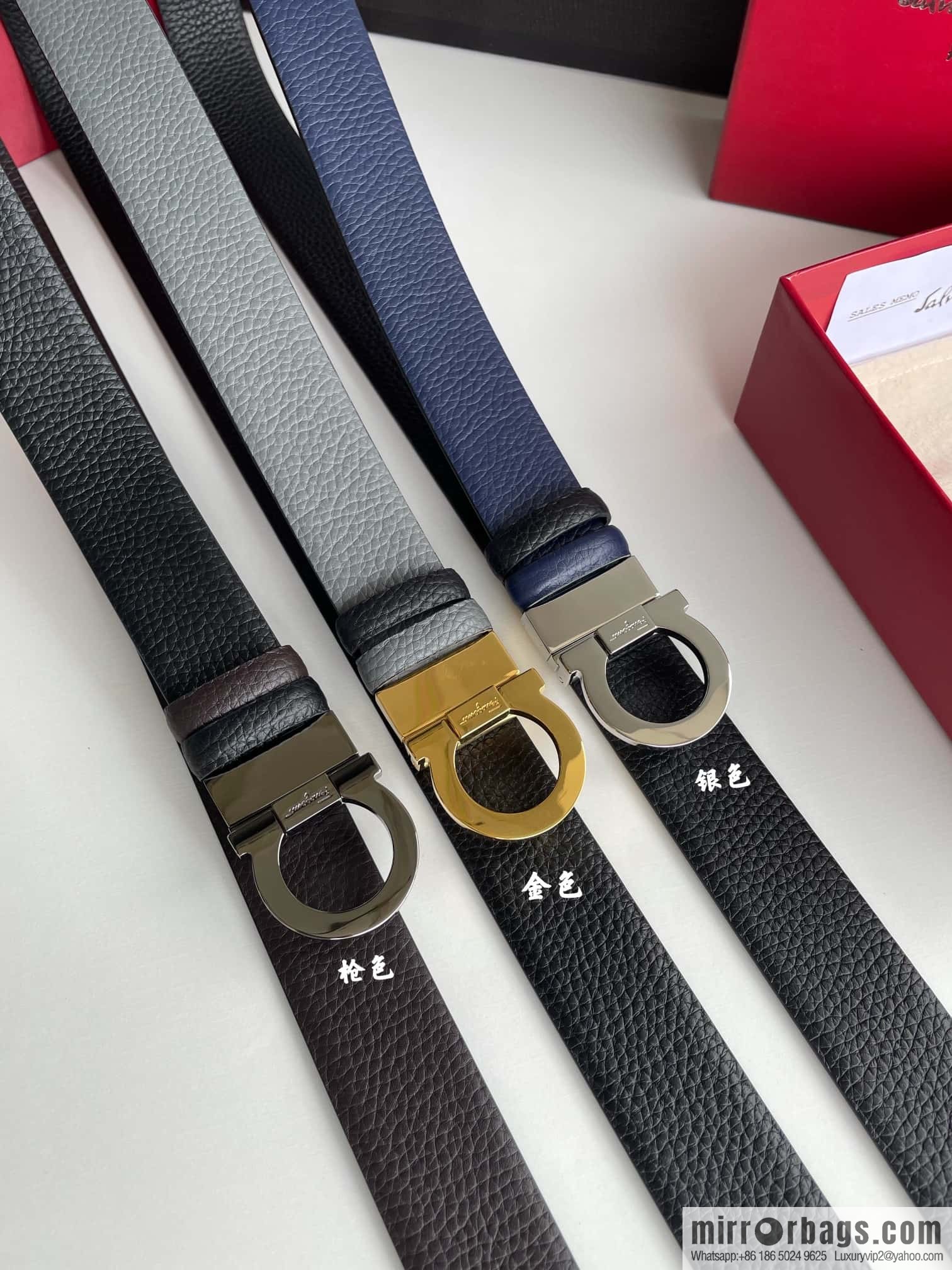 Salvatore Ferragamo Men's 3.5cm Exquisite Semicircular Horseshoe Metal Buckle Top Cowhide Double Sided Belt