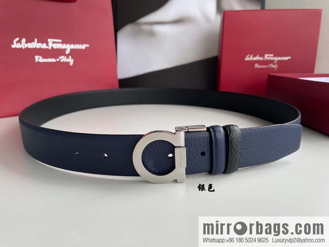 Salvatore Ferragamo Men's 3.5cm Exquisite Semicircular Horseshoe Metal Buckle Top Cowhide Double Sided Belt