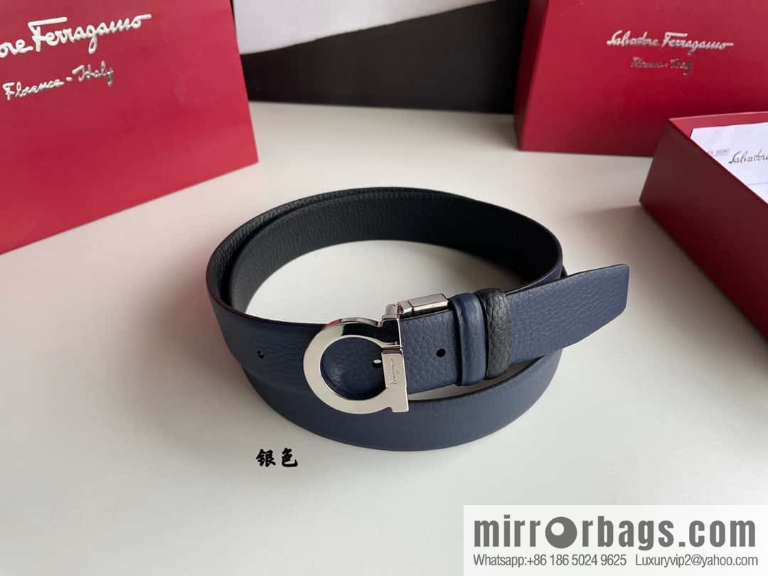 Salvatore Ferragamo Men's 3.5cm Exquisite Semicircular Horseshoe Metal Buckle Top Cowhide Double Sided Belt