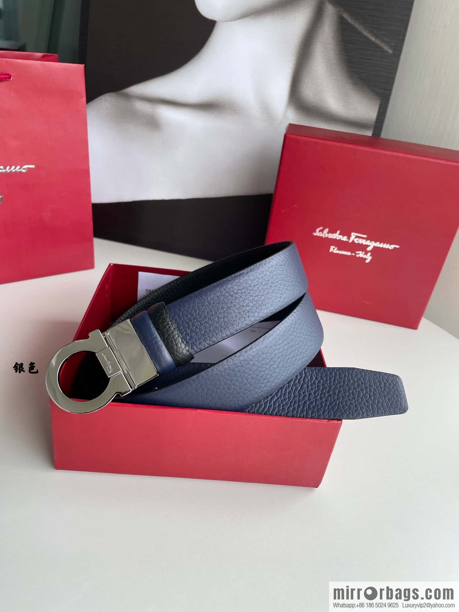 Salvatore Ferragamo Men's 3.5cm Exquisite Semicircular Horseshoe Metal Buckle Top Cowhide Double Sided Belt