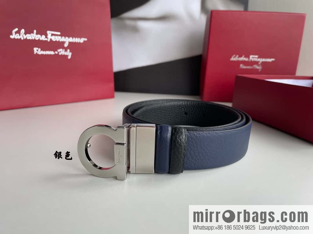Salvatore Ferragamo Men's 3.5cm Exquisite Semicircular Horseshoe Metal Buckle Top Cowhide Double Sided Belt