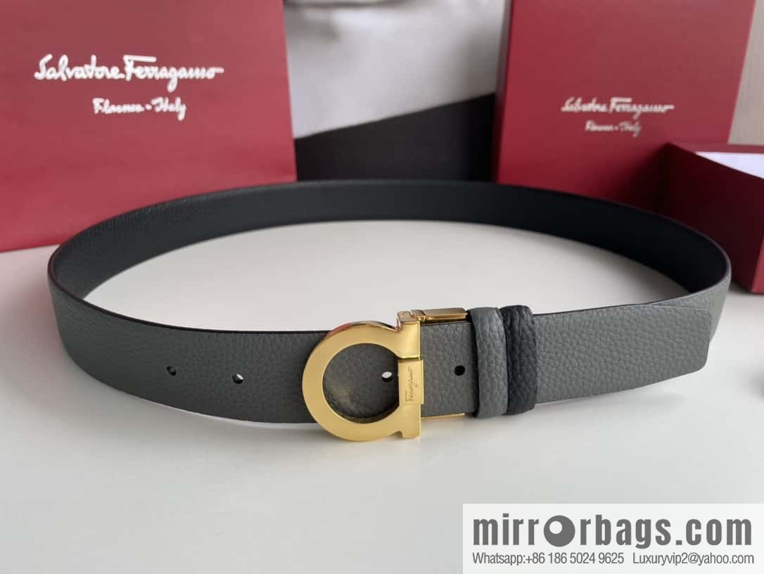 Salvatore Ferragamo Men's 3.5cm Exquisite Semicircular Horseshoe Metal Buckle Top Cowhide Double Sided Belt
