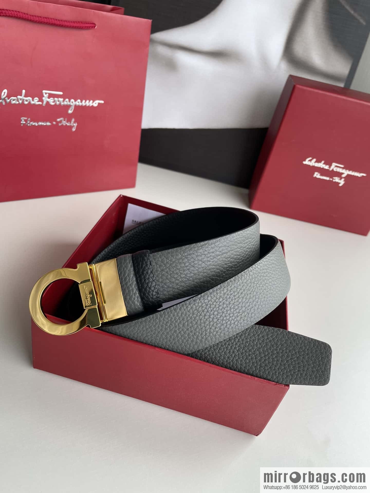 Salvatore Ferragamo Men's 3.5cm Exquisite Semicircular Horseshoe Metal Buckle Top Cowhide Double Sided Belt