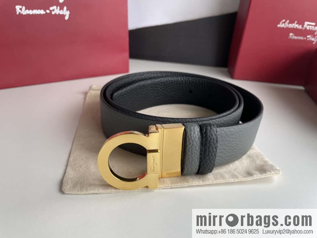Salvatore Ferragamo Men's 3.5cm Exquisite Semicircular Horseshoe Metal Buckle Top Cowhide Double Sided Belt
