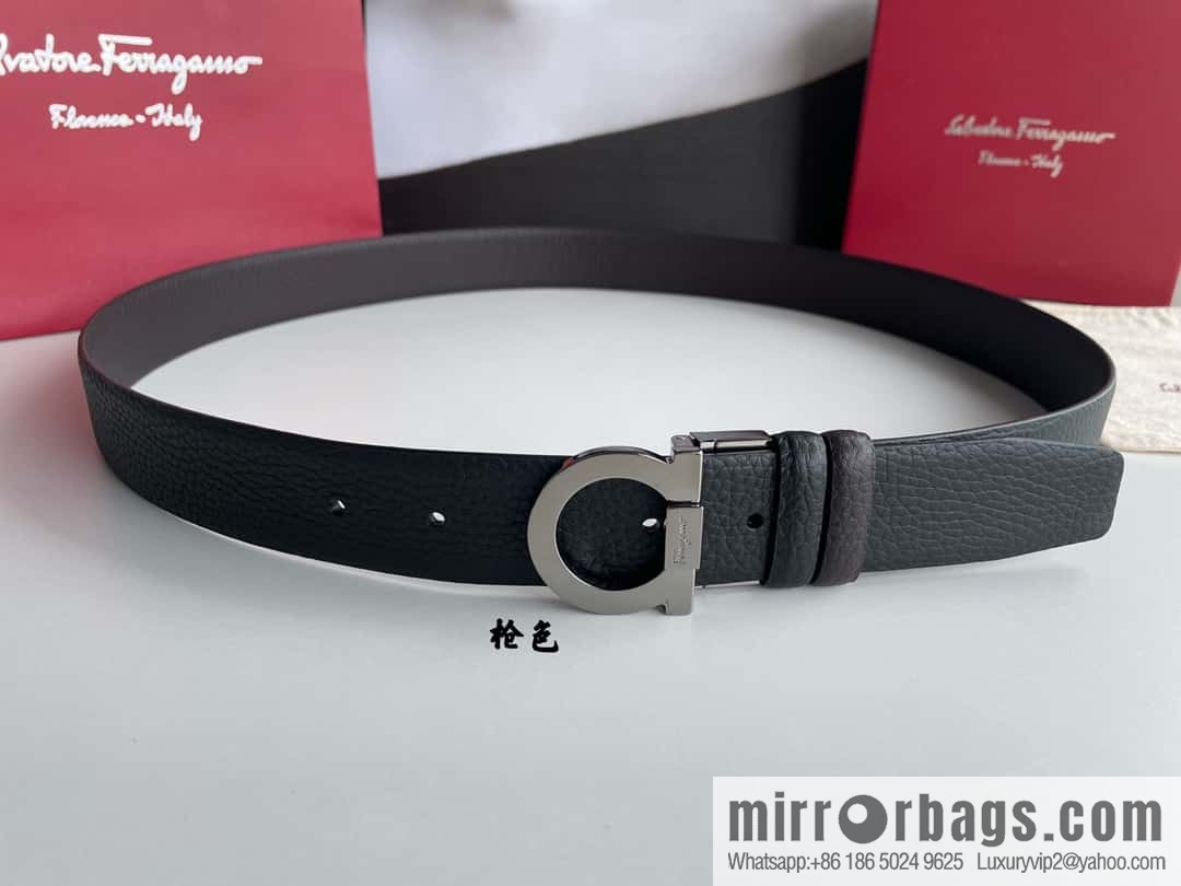 Salvatore Ferragamo Men's 3.5cm Exquisite Semicircular Horseshoe Metal Buckle Top Cowhide Double Sided Belt