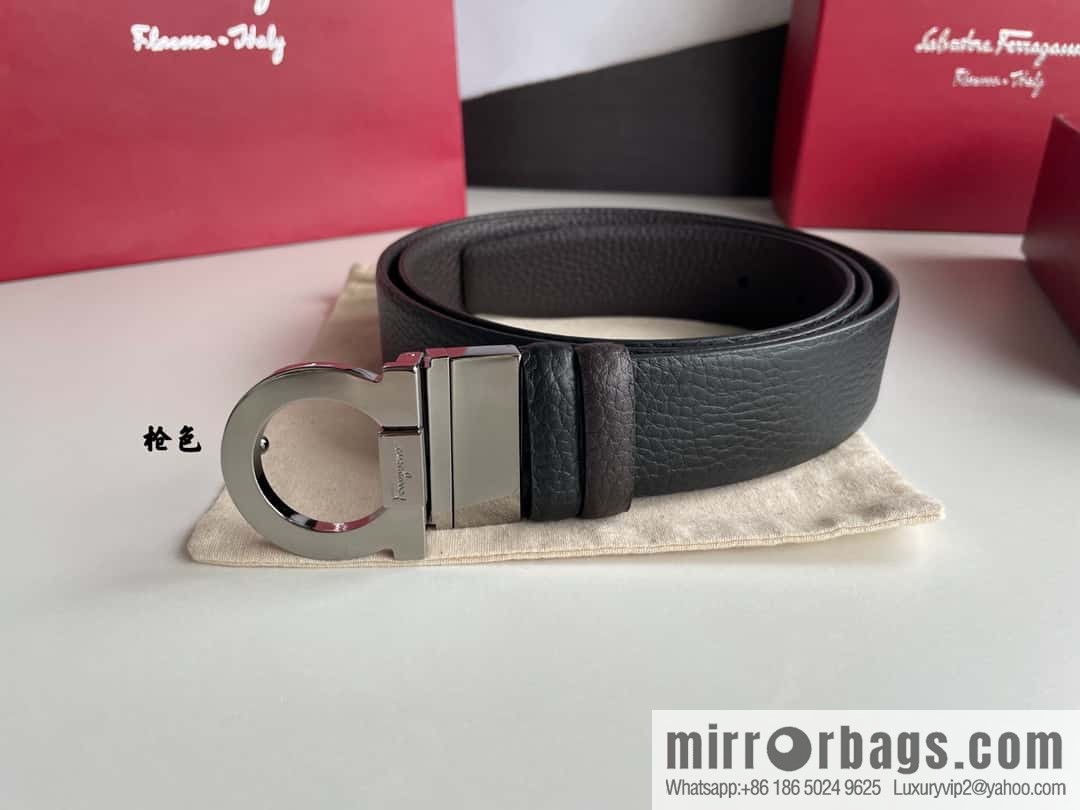Salvatore Ferragamo Men's 3.5cm Exquisite Semicircular Horseshoe Metal Buckle Top Cowhide Double Sided Belt