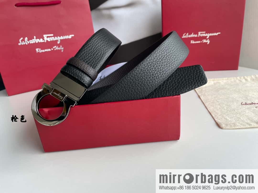 Salvatore Ferragamo Men's 3.5cm Exquisite Semicircular Horseshoe Metal Buckle Top Cowhide Double Sided Belt