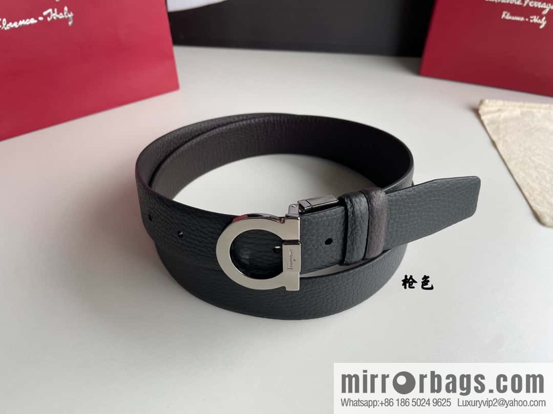 Salvatore Ferragamo Men's 3.5cm Exquisite Semicircular Horseshoe Metal Buckle Top Cowhide Double Sided Belt