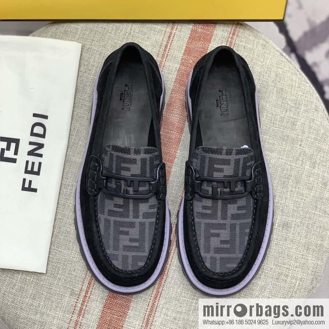 FENDI black and grey FF jacquard fabric, men's loafers