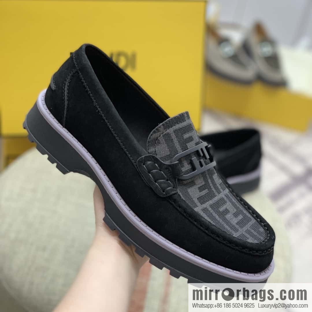 FENDI black and grey FF jacquard fabric, men's loafers